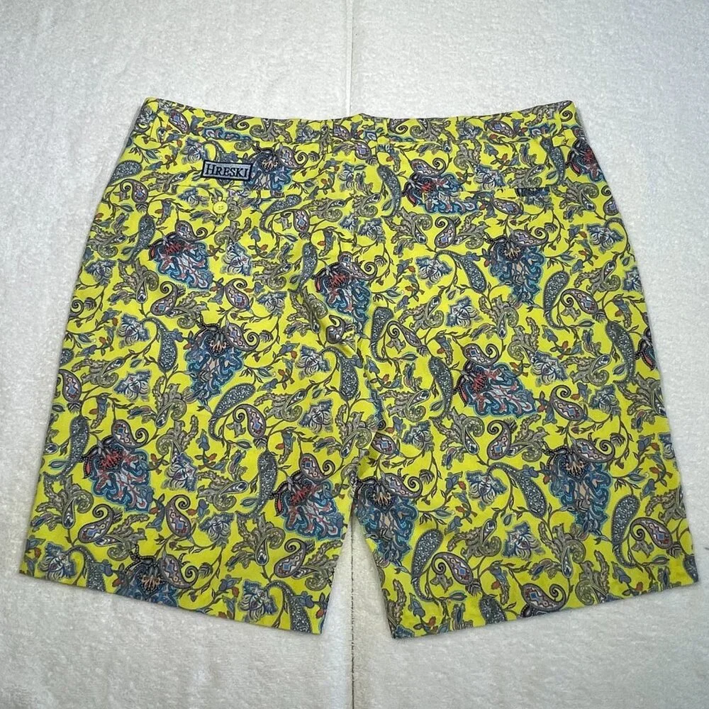 Hreski Mens Golf Shorts 40 Paisley Yellow Multi Color Loud Performance Stretch